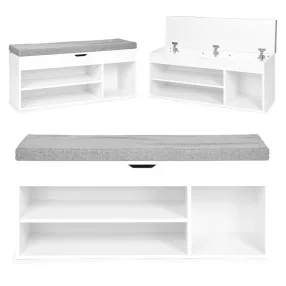   Cipőtároló pad, ModernHome WYJ-249, 104 x 49 x 30,5 cm, fehér/szürke, 3 polc, nyitható ülés, 100 kg teherbírás, forgácslap