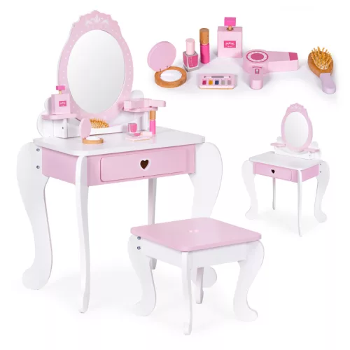 Gyerek sminkasztal, ECOTOYS 2950, 54 x 88 x 38 cm, fehér/rózsaszín, fából készült, tükörrel, fiókkal, ülőkével, 7 db játékkiegészítővel, 3 éves kortól