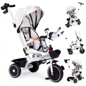   Háromkerekű tricikli, ECOTOYS WQL-186, fehér, forgatható ülés, levehető napellenző, szülőkormány, biztonsági öv és karfa, tartós EVA habkerekek, LED fények, pohártartó, tükör, teherbírás: 25 kg