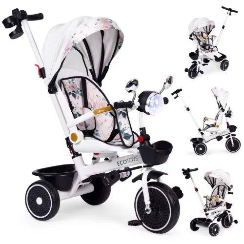 Háromkerekű tricikli, ECOTOYS WQL-186, fehér, forgatható ülés, levehető napellenző, szülőkormány, biztonsági öv és karfa, tartós EVA habkerekek, LED fények, pohártartó, tükör, teherbírás: 25 kg