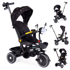   Háromkerekű tricikli, ECOTOYS WQL-186, fekete, forgatható ülés, levehető napellenző, szülőkormány, biztonsági öv és karfa, tartós EVA habkerekek, LED fények, pohártartó, tükör, teherbírás: 25 kg