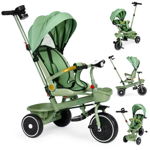 Háromkerekű tricikli, ECOTOYS WQL-066-18, zöld, forgatható ülés, levehető napellenző, szülőkormány, biztonsági öv és karfa, tartós EVA habkerekek, LED fények, pohártartó, teherbírás: 25 kg