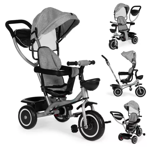 Háromkerekű tricikli, ECOTOYS WQL-066-52, szürke, forgatható ülés, levehető napellenző, szülőkormány, biztonsági öv és karfa, tartós EVA habkerekek, teherbírás: 25 kg