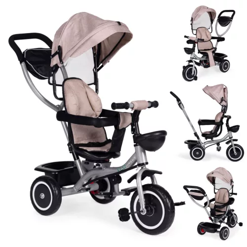 Háromkerekű tricikli, ECOTOYS WQL-066-52, bézs, forgatható ülés, levehető napellenző, szülőkormány, biztonsági öv és karfa, tartós EVA habkerekek, teherbírás: 25 kg