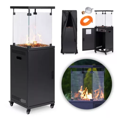 Gázos teraszfűtő, MultiGarden FPS-B-BJ, 13 kW, szögletes, 42 x 42 cm, magasság: 136 cm, maximum 11 kg gázpalack, üveg lángvédő, nyomásszabályzó, tömlő, védőhuzat, fogyasztás: 929 – 946 g/óra