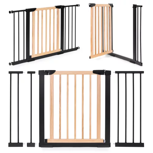 Biztonsági kapu, babarács, ECOTOYS SF-011B-BC, szélesség: 74–130 cm, magasság: 77,5 cm, egykezes nyitás, kétirányú nyílás, önzáródó, összecsukható, fém és fa