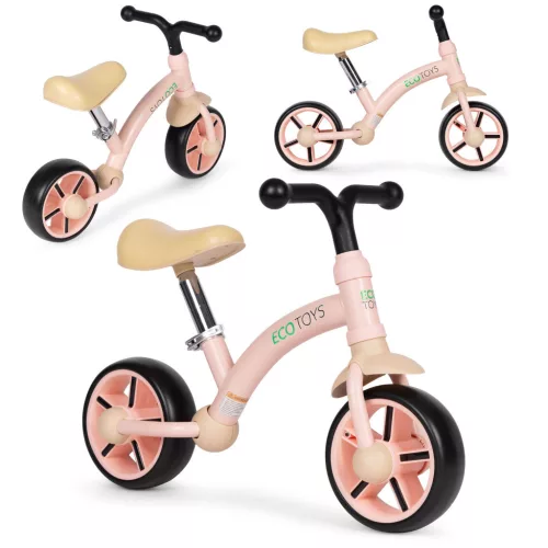 Kétkerekű futóbicikli, ECOTOYS LC-V1252, rózsaszín, EVA habkerekek 19,5 cm, acél váz, állítható ülésmagasság: 33–41 cm, kormányfordulás határoló, 36 hónapos kortól