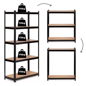   Műhelypolc, ModernHome G9040B, fekete, 180 x 90 x 40 cm, 5 polcos, acél, MDF polclapok, állítható polcmagasság, teherbírás: 175 kg/polc