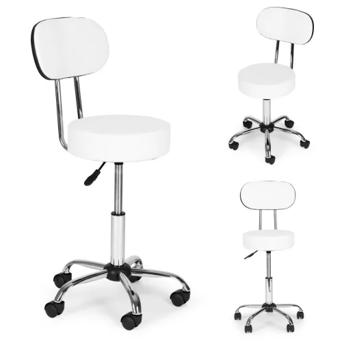 Kozmetikai szék, ModernHome BC009-W, fehér, háttámlás, 84–98 cm állítható magasság, párnázott, forgó, görgős, gázliftes, teherbírás: 136 kg