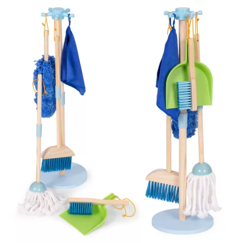 Játék takarító készlet, ECOTOYS TL844009, 7 db, állvánnyal, felmosóval, portörlővel, törlőkendővel, kefével, seprűvel és seprűlapáttal, 3 éves kortól