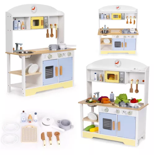 Játékkonyha, ECOTOYS TL103013, fa, 68,5 x 26 x 82 cm, sütővel, mosogatóval, mosógéppel, mikrohullámú sütővel, 12 db tartozékkal