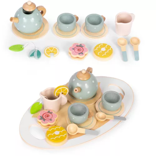 Játék teáskészlet, ECOTOYS TL643007, 14 db, tálcával, kannával, csészékkel, filterrel, tányérokkal és sütikkel, 3 éves kortól, realisztikus szerepjátékhoz