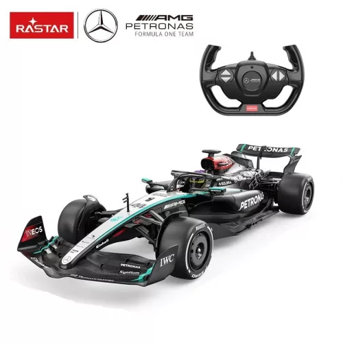 Távirányítós autó, Rastar, Mercedes AMG F1 W15 E, ezüst, 47 cm, 1:12 méretarány, teljes irányítás, elemes (5+2 db AA, nem tartozék)