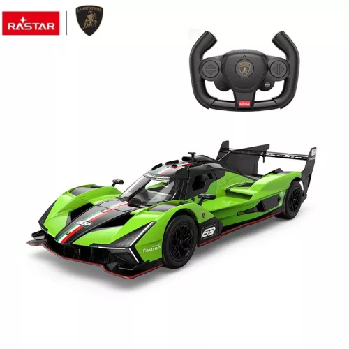 Távirányítós autó, Rastar, Lamborghini SC63 LMDh, fekete/zöld, 36 cm, 1:14 méretarány, teljes irányítás, elemes (5+2 db AA, nem tartozék)