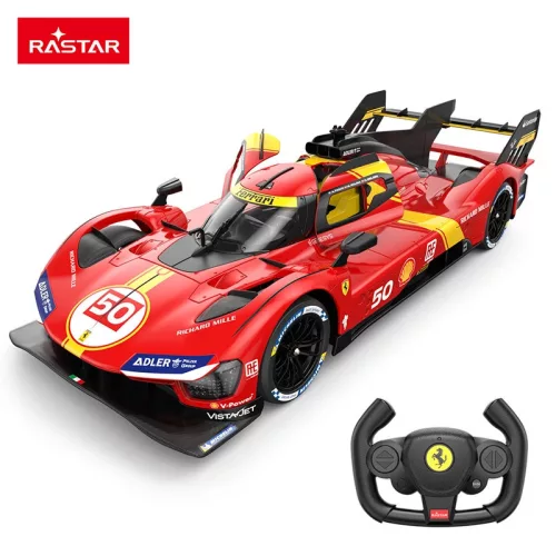 Távirányítós autó, Rastar, Ferrari 499P, piros, 36 cm, 1:14 méretarány, teljes irányítás, elemes (5+2 db AA, nem tartozék)
