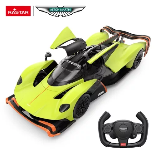 Távirányítós autó, Rastar, Aston Martin Valkyrie AMR Pro, zöld/fekete, 36 cm, 1:14 méretarány, nyitható ajtók, teljes irányítás, elemes (5+2 db AA, nem tartozék)
