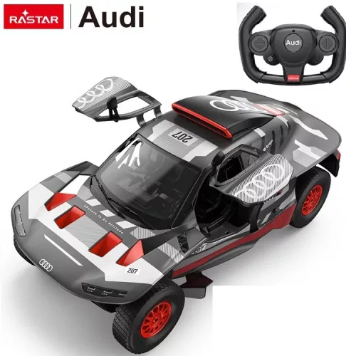 Távirányítós autó, Rastar, Audi RS Q E-Tron, sötétszürke, 34 cm, 1:14 méretarány, teljes irányítás, két sebességfokozat, drift funkció, teljes irányítás, elemes (5+2 db AA, nem tartozék)