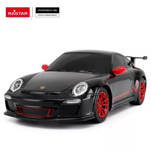Távirányítós autó, Rastar, Porsche 911 GT3 RS, fekete, 19 cm, 1:24 méretarány, teljes irányítás, elemes (3+2 db AA, nem tartozék)