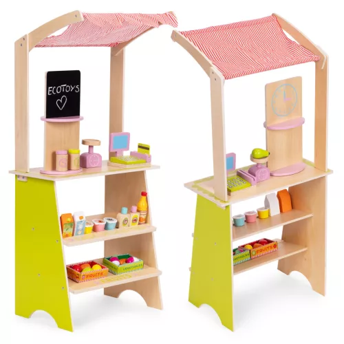 Játék piaci stand, ECOTOYS HM328234, fa, 45 x 30,5 x 93,5 cm, 20 db tartozékkal, pénztárgéppel, terminállal, mérleggel, krétatáblával