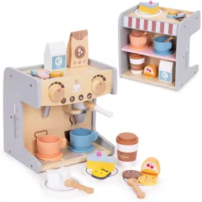   Játék kávéfőző, ECOTOYS HM328245, fa, boltos kiegészítővel, 26 db tartozék, lekerekített élek, 3 éves kortól