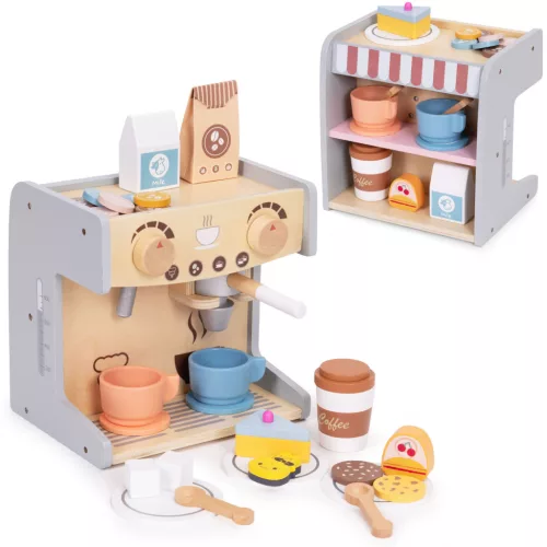Játék kávéfőző, ECOTOYS HM328245, fa, boltos kiegészítővel, 26 db tartozék, lekerekített élek, 3 éves kortól