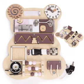   Oktatójáték, ECOTOYS HM328237, fa, Maci forma, 12 db, 30 x 39 cm, interaktív, fejlesztő, óra, fogaskerék, lakat, 3 éves kortól