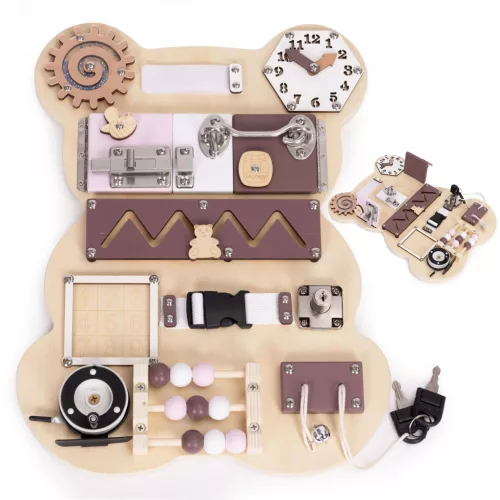 Oktatójáték, ECOTOYS HM328237, fa, Maci forma, 12 db, 30 x 39 cm, interaktív, fejlesztő, óra, fogaskerék, lakat, 3 éves kortól