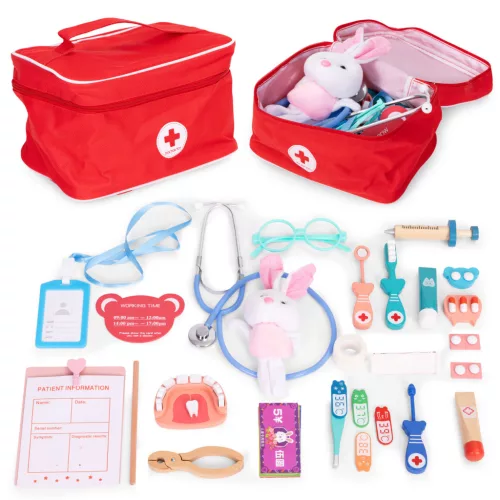 Játék orvosi szett, ECOTOYS HM328233, készlet gyerekeknek, 28 db, fa, készségfejlesztő szerepjáték, 3 éves kortól, éles élek nélkül