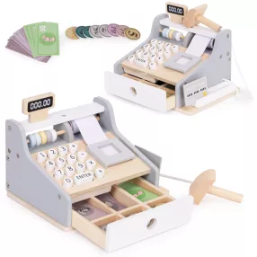   Játék pénztárgép, fa, ECOTOYS HM328241, 22 x 17 x 17 cm, szkennerrel és kártyaolvasóval, nyitható fiókkal, érmékkel és bankjegyekkel, 3 éves kortól
