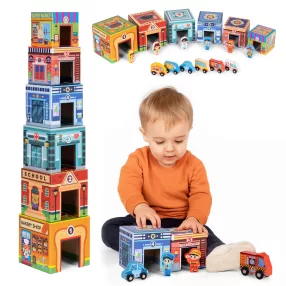   Toronyépítő játék, Multistore HC751120, többszínű, 18 db, fa és karton, 6 színes városi épület számokkal, 6 foglalkozás figura, 6 kerekes jármű, 3 éves kortól
