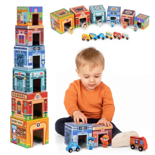 Toronyépítő játék, Multistore HC751120, többszínű, 18 db, fa és karton, 6 színes városi épület számokkal, 6 foglalkozás figura, 6 kerekes jármű, 3 éves kortól
