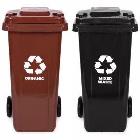   Műanyag hulladéktároló, szelektív kültéri kuka szett, Multistore MO-120G-1-2, 2 x 120 l, fekete/barna, gumírozott kerekek, UV-álló, HDPE műanyag, zárható fedél