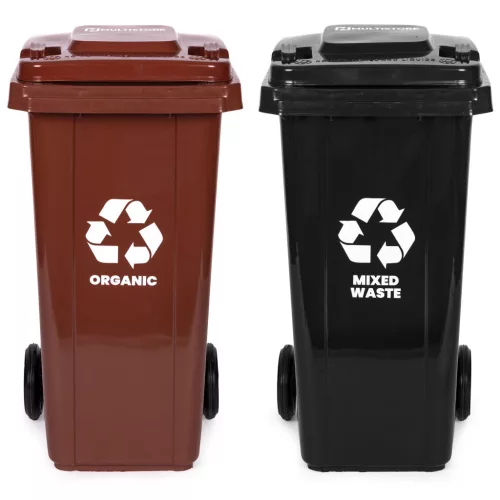 Műanyag hulladéktároló, szelektív kültéri kuka szett, Multistore MO-120G-1-2, 2 x 120 l, fekete/barna, gumírozott kerekek, UV-álló, HDPE műanyag, zárható fedél