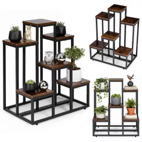   Virágtartó állvány, ModernHome ME-ATS20, fekete, 52 x 34,5 cm, magasság: 67 cm, 6 szintes, porszórt acél, fahatású polclap, teherbírás: 30 kg