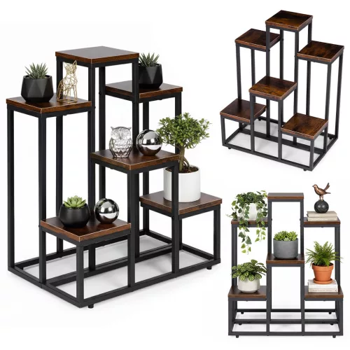 Virágtartó állvány, ModernHome ME-ATS20, fekete, 52 x 34,5 cm, magasság: 67 cm, 6 szintes, porszórt acél, fahatású polclap, teherbírás: 30 kg