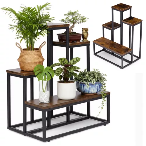 Virágtartó állvány, ModernHome ME-ATS19, fekete, 51,5 x 35 cm, magasság: 67 cm, 4 szintes, porszórt acél, fahatású polclap, teherbírás: 30 kg