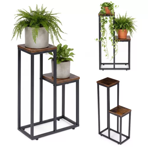 Virágtartó állvány, ModernHome ME-ATS13, fekete, 34,5 x 17,5 cm, magasság: 67 cm, 2 szintes, porszórt acél, fahatású polclap, teherbírás: 5 kg