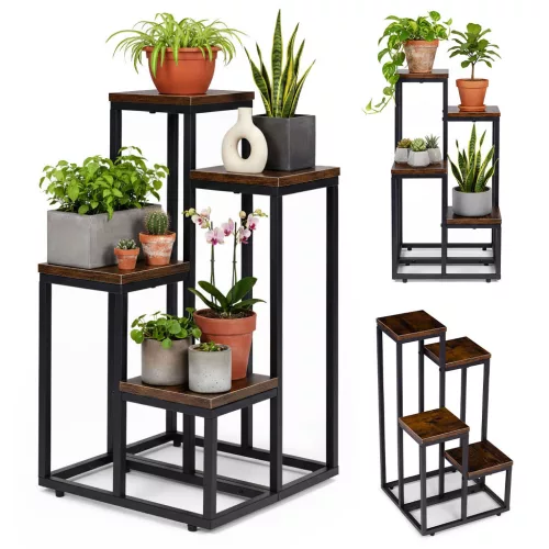 Virágtartó állvány, ModernHome ME-ATS18, fekete, 35 x 35 cm, magasság: 67 cm, 4 szintes, porszórt acél, fahatású polclap, teherbírás: 20 kg