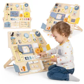   Játéktábla, ECOTOYS 2557, 62,5 x 37,5 x 44 cm, fa, szabadon álló házikó formájú fejlesztő tábla, színes számokkal, abakusszal, órával, fogaskerekekkel, fűzős cipővel és csappal, 3 éves kortól