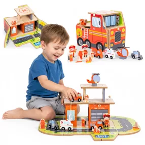   Fa tűzoltóállomás, ECOTOYS 1089, 2 az 1-ben összecsukható tűzoltóautóvá, 2 szintes, 11 db tartozékkal (3 jármű, helikopter, figurák), 32 x 18,5 x 24 cm összecsukva, helikopter-leszállóval, 3 éves kortól