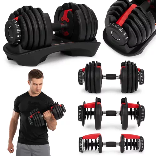 Kézisúlyzó, állítható, MOVEPRO GB-FW207-24KG, fekete, 2,5–24 kg, öntöttvas, tartóállvánnyal, 15 fokozatú súlyállítás, csúszásmentes markolat