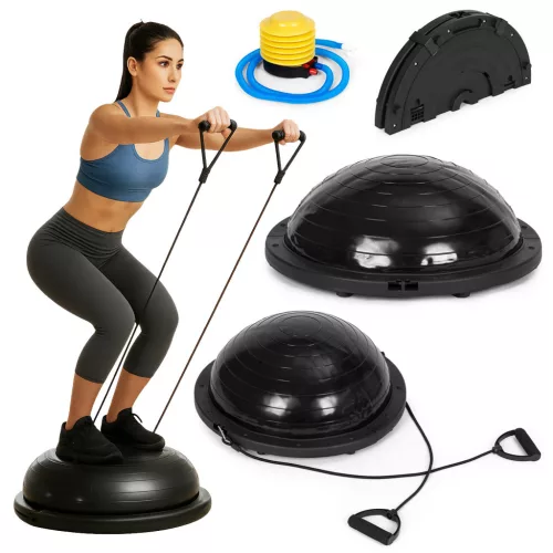 Egyensúlytréner, MOVEPRO GB-BS058-SB, fekete, félgömb kialakítás, átmérő: 59,5 cm, expanderekkel, pumpával, összecsukható, csúszásgátlós felület, PVC/ABS