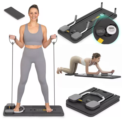Pilates deszka, ModernHome GB-PL-01, 106 x 41 x 3 cm, összecsukható, LCD kijelző, expander szalagokkal, fekvőtámasz fogantyúkkal