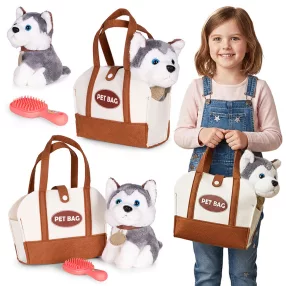   Plüsskutya készlet, Multistore HC750229, Husky kutya táskával és ápolókefével, puha plüss, 3 éves kortól
