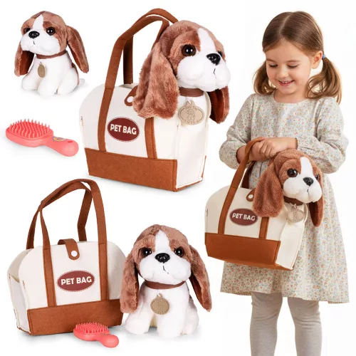 Plüsskutya készlet, Multistore HC750228, Beagle kutya táskával és ápolókefével, puha plüss, 3 éves kortól