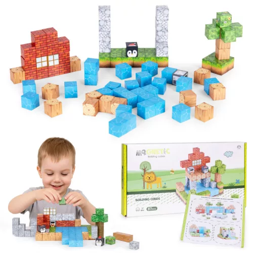 Mágneses játékkészlet, Multistore HC713654, 87 db, 25 x 25 x 25 mm, építőkockák, többszínű, műanyag, sablonokkal, 3 éves kortól