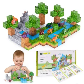   Mágneses játékkészlet, Multistore HC713651, 142 db, 25 x 25 x 25 mm, építőkockák, többszínű, műanyag, sablonokkal és dinoszaurusz figurákkal, 3 éves kortól
