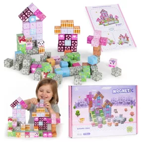   Mágneses építőkocka készlet, Multistore HC740662, 113 db, 20 x 20 x 20 mm, többszínű, műanyag, sablonokkal, 3 éves kortól