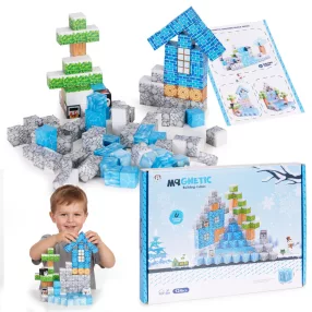   Mágneses játékkészlet, Multistore HC737466, 124 db, 20 x 20 x 20 mm, építőkockák, téli, műanyag, sablonokkal, színes grafikákkal, 3 éves kortól