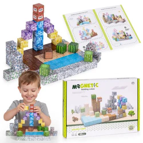 Mágneses játékkészlet, Multistore HC740656, 88 db, 20 x 20 x 20 mm, építőkockák, többszínű, műanyag, sablonokkal, 3 éves kortól